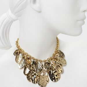 Women’s Gold  Hammered Disc & Hoop Necklace – Layered Textured Statement Jewelry